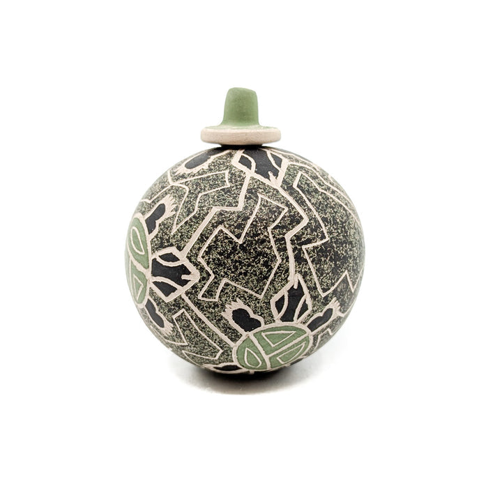 Lidded Green Seed Pot with Turtles