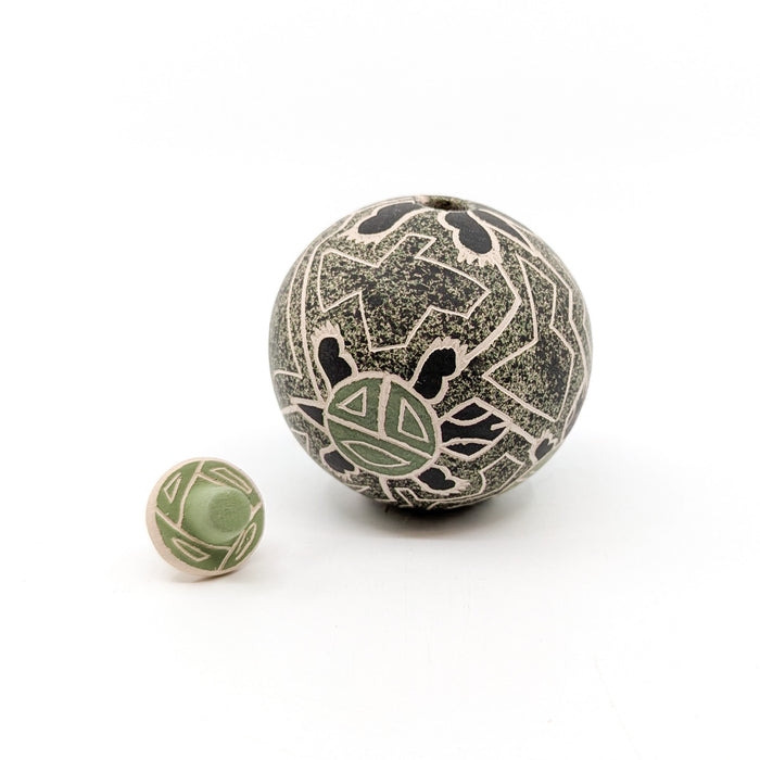 Lidded Green Seed Pot with Turtles