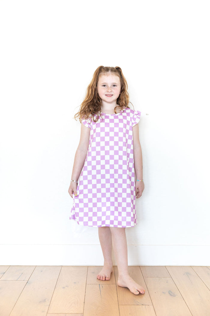 LIGHT PURPLE + WHITE CHECKER - SLEEVE DRESS
