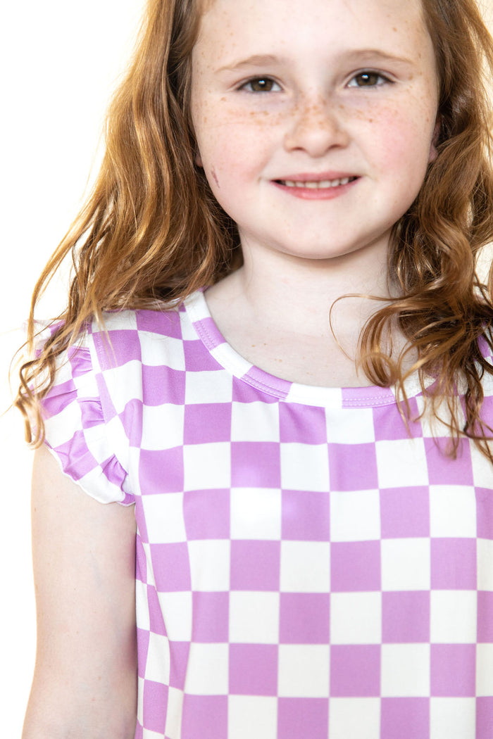 LIGHT PURPLE + WHITE CHECKER - SLEEVE DRESS
