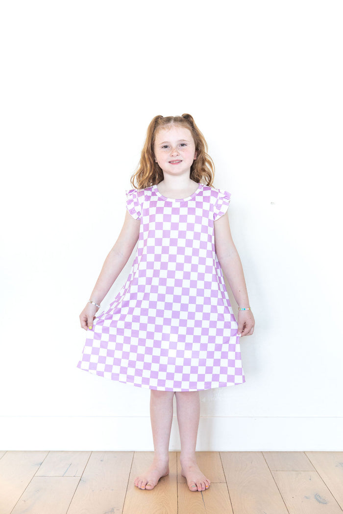 LIGHT PURPLE + WHITE CHECKER - SLEEVE DRESS