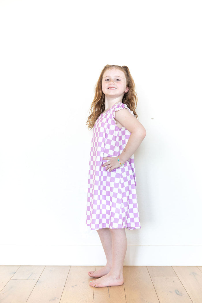 LIGHT PURPLE + WHITE CHECKER - SLEEVE DRESS
