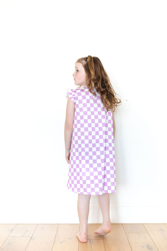 LIGHT PURPLE + WHITE CHECKER - SLEEVE DRESS