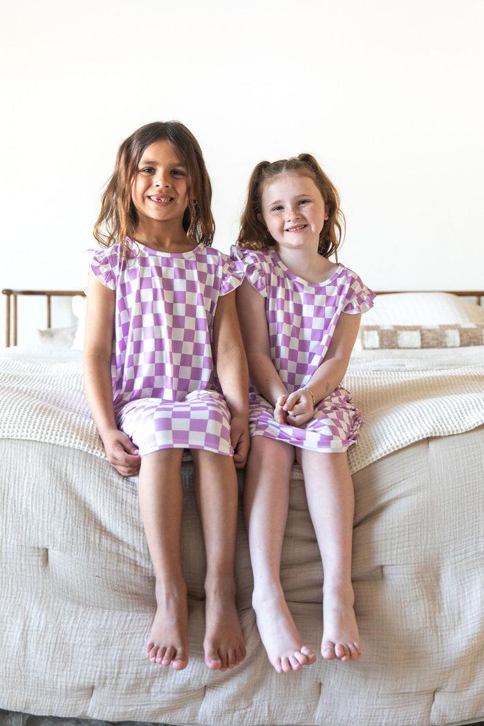 LIGHT PURPLE + WHITE CHECKER - SLEEVE DRESS