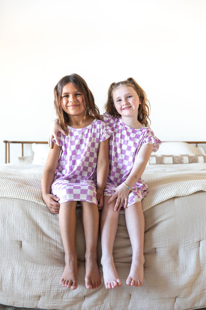LIGHT PURPLE + WHITE CHECKER - SLEEVE DRESS
