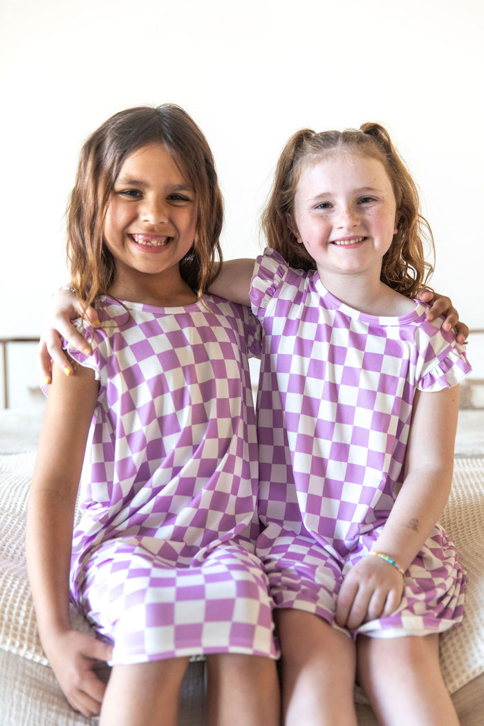 LIGHT PURPLE + WHITE CHECKER - SLEEVE DRESS