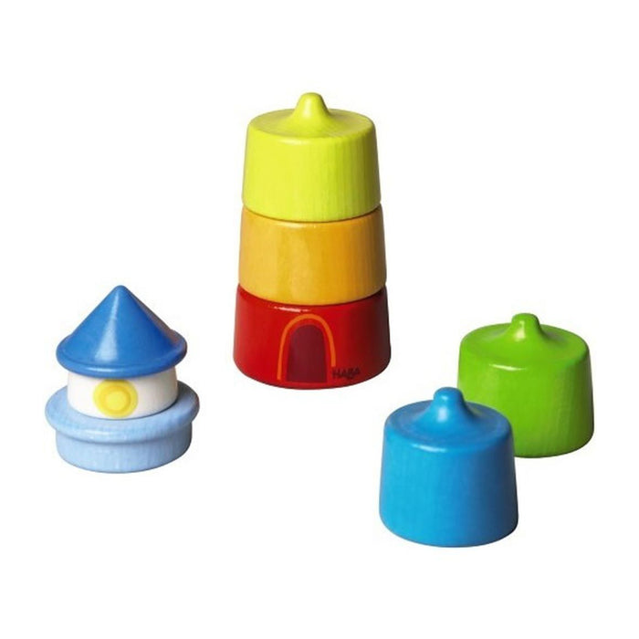 Meet the HABA Lighthouse Wooden Rainbow Stacker: a vibrant stackable toy made from sustainably sourced wood. It includes a blue cone, light blue cylinder, yellow, orange, and red segments with door detail, and a lime green cap. Perfect for boosting motor skills in children.