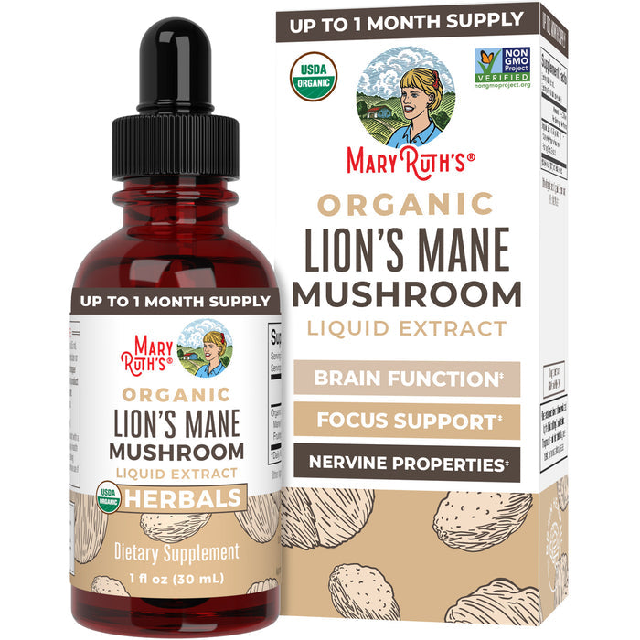 A 1 fl oz bottle and box of MaryRuth's Lion's Mane Drops, with labels emphasizing cognitive health, brain function, focus support, and nervine benefits. USDA Organic and Non-GMO certified.