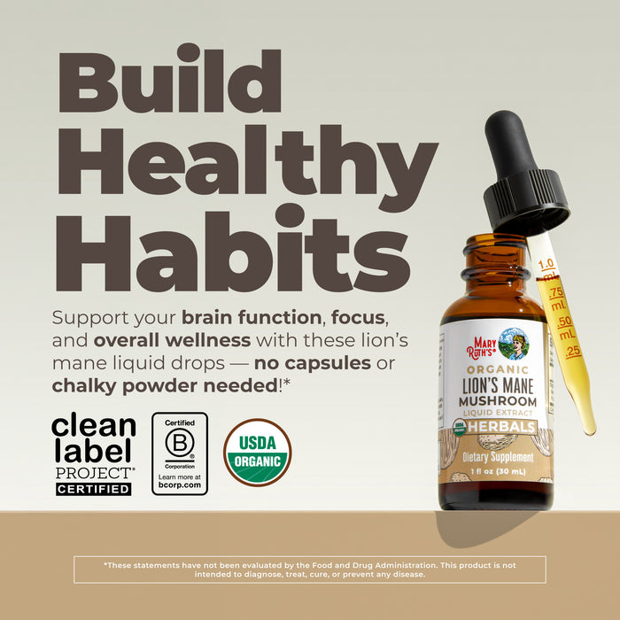 MaryRuth's Lion's Mane Drops with dropper, featuring text about brain & cognitive health, focus, and wellness. Certified USDA Organic and Clean Label Project.
