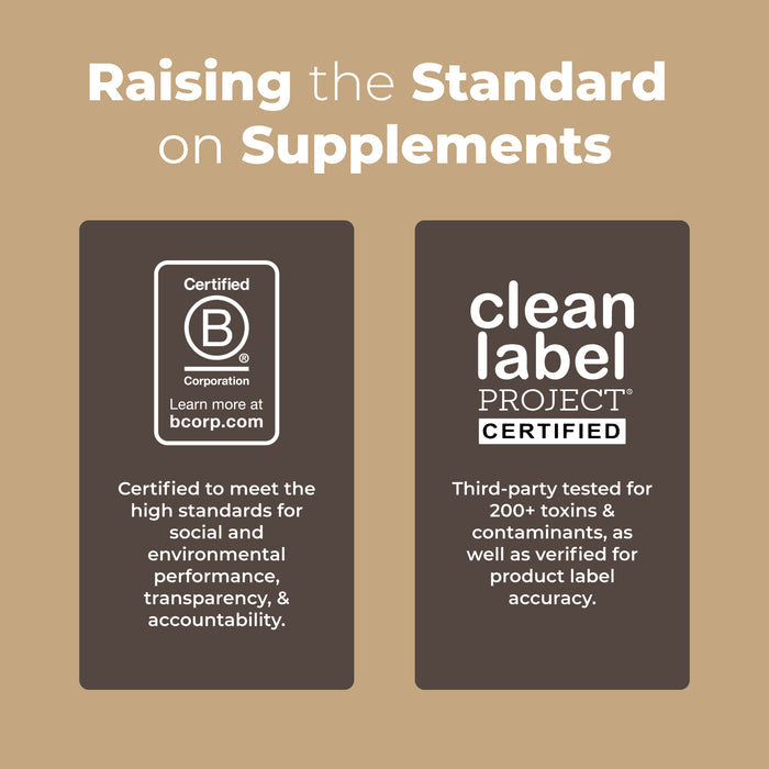 Two certification badges—Certified B Corporation and Clean Label Project Certified—highlight MaryRuth’s commitment to accountability, third-party toxin testing, and label accuracy for trusted Lion’s Mane Drops supporting brain health.