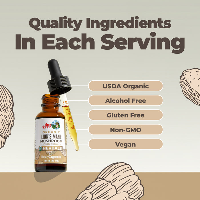 A bottle of MaryRuth's Lion's Mane Drops with a dropper. Text highlights USDA Organic, Alcohol Free, Gluten Free, Non-GMO, and Vegan—ideal for brain health. Illustrated nuts appear in the background.