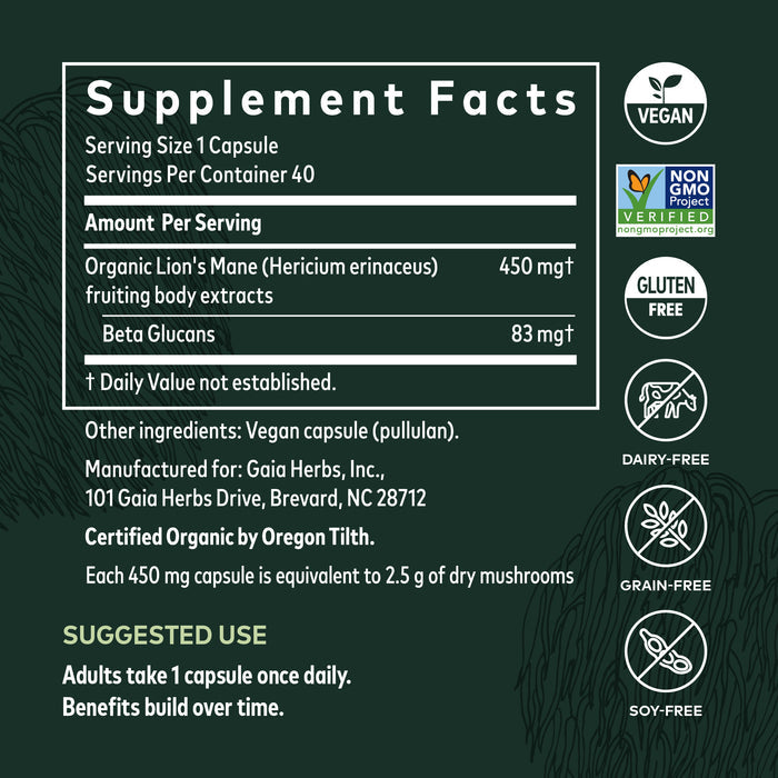 Gaia Herbs Lions Mane Mushroom features a supplement facts label with 450 mg of Lion’s Mane extract for cognitive support. It is certified vegan, non-GMO, gluten-free, dairy-free, grain-free, and soy-free. The suggested use is one capsule daily for brain health.