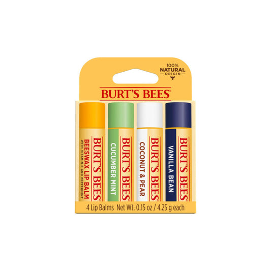 The Burts Bees Lip Balm Super Sampler features four moisturizing balms with nourishing oils in flavors: Beeswax, Cucumber Mint, Coconut & Pear, and Vanilla Bean. The package boasts a 100% Natural Origin formula.