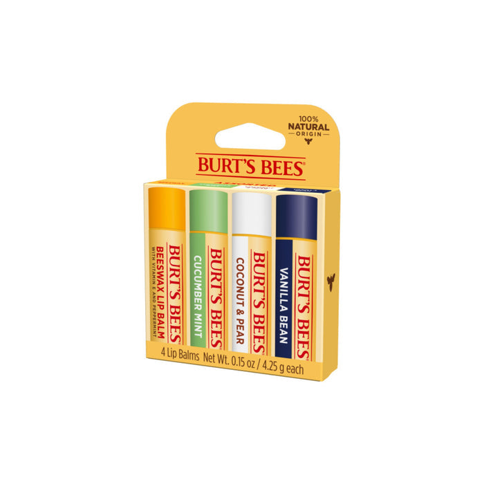 The Burts Bees Lip Balm Super Sampler includes four moisturizing flavors: Beeswax, Cucumber Mint, Coconut & Pear, and Vanilla Bean. The yellow packaging features a cutout showcasing the nourishing lip balm tubes.