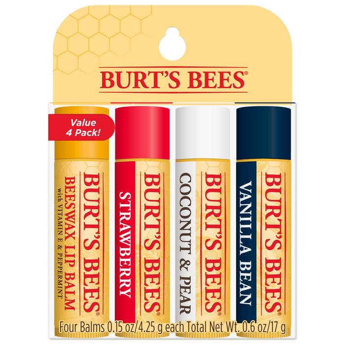 Burts Bees Lip Balm Variety Pack includes a moisturizing four-pack with scents: Beeswax, Strawberry, Coconut & Pear, and Vanilla Bean. Each tube is color-coordinated and labeled for easy selection.