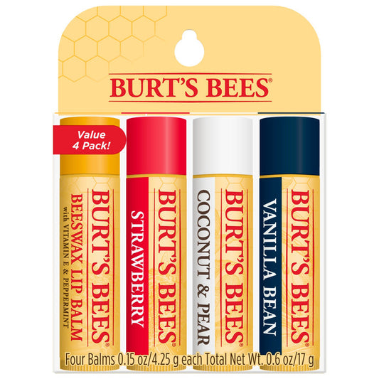 Burts Bees Lip Balm Variety Pack includes a moisturizing four-pack with scents: Beeswax, Strawberry, Coconut & Pear, and Vanilla Bean. Each tube is color-coordinated and labeled for easy selection.