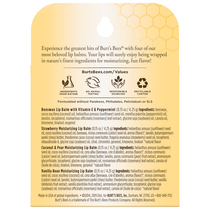 The back of the Burts Bees Lip Balm Variety Pack package shows its moisturizing benefits and ingredients for four flavors: Beeswax, Cucumber Mint, Coconut & Pear, and Vanilla Bean. Icons ensure no animal testing and a recyclable carton.