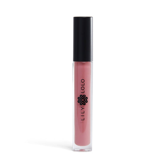 A clear cylindrical tube of Lily Lolo Lip Gloss, paraben-free and in pink, stands upright with a black cap against a white background. Lily Lolo is elegantly printed in black on the tube, highlighting this natural lip gloss.