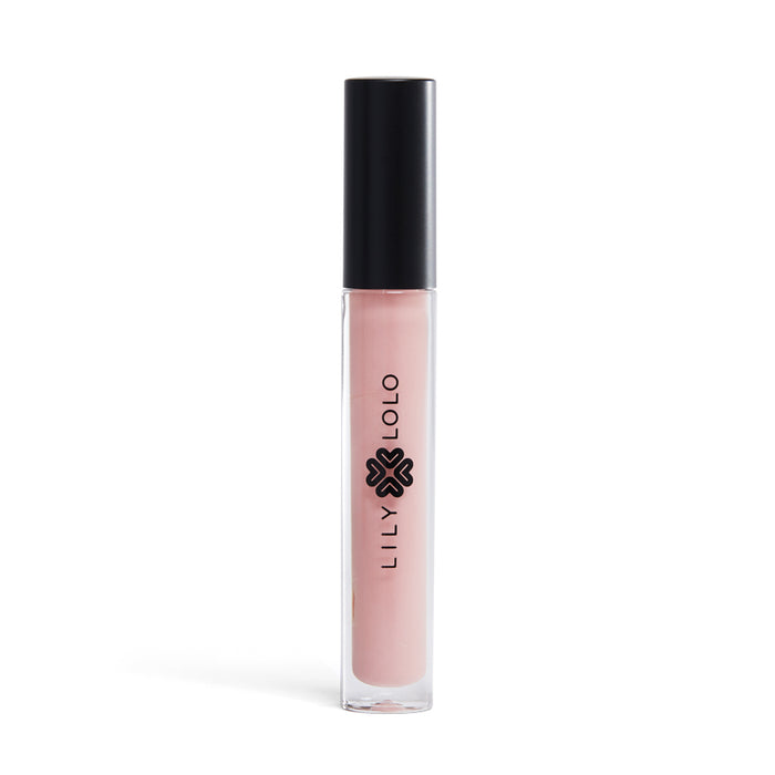 The Lily Lolo Lip Gloss, featuring a paraben-free and natural formula, comes with a sleek black cap and light pink gloss. The brands logo is displayed in black on the clear tube against a plain white background, emphasizing its elegant simplicity.