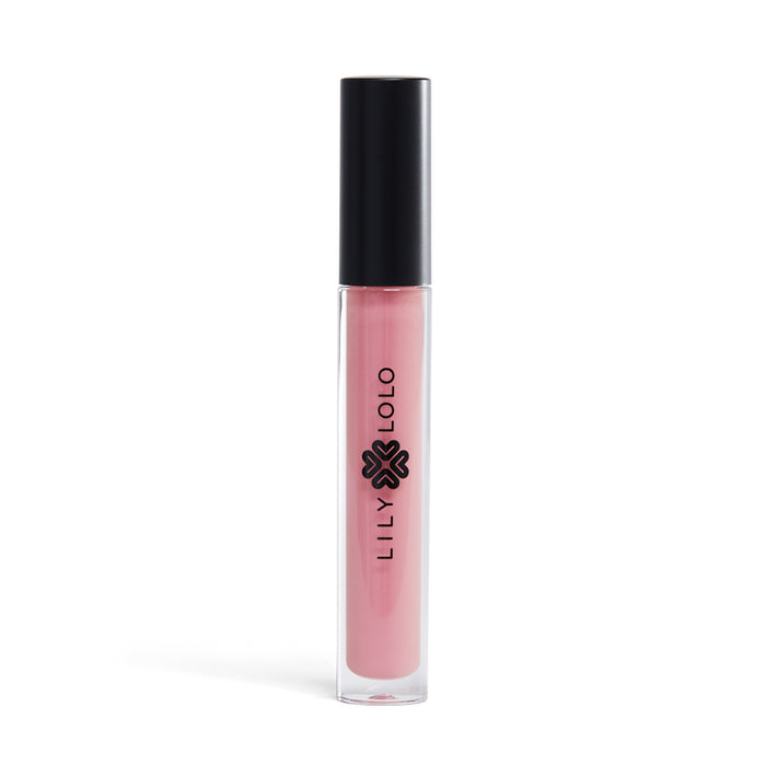 A clear tube of pink Lily Lolo Lip Gloss with a black cap and logo, paraben-free and perfect for any occasion.