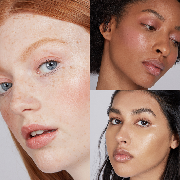 A collage of three women with red hair and freckles, curly black hair, and long brown hair showcases their natural makeup looks using Axiologys Lip-to-Lid Balmies Set - Cotton Candy Skies, promoting zero waste beauty routines.