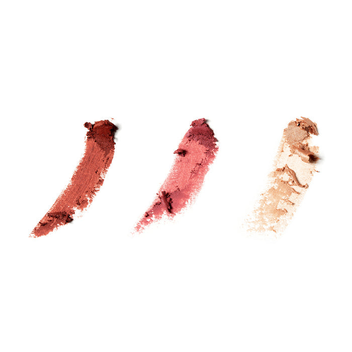The Lip-to-Lid Balmies Set - Of the Earth by Axiology showcases three creamy-textured lipstick smears: rusty red, pinkish hue, and light beige on a white background. This vegan collection embodies natural beauty while promoting zero waste makeup.