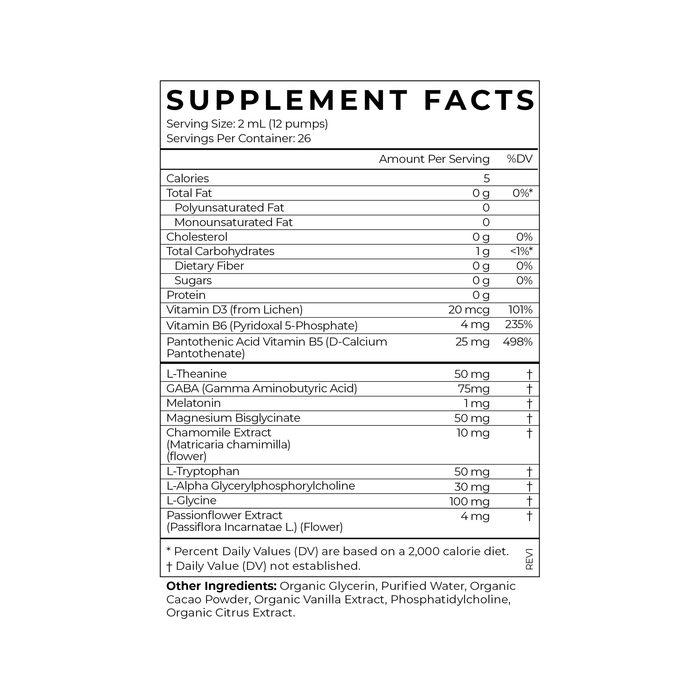 The Supplement Facts label for Cymbiotikas Liposomal Sleep lists ingredients like Vitamin D, Vitamin B6, and L-Theanine. Each 2 mL serving promotes calmness and relaxation, with 26 servings per container including organic extracts for supporting a restful nervous system.