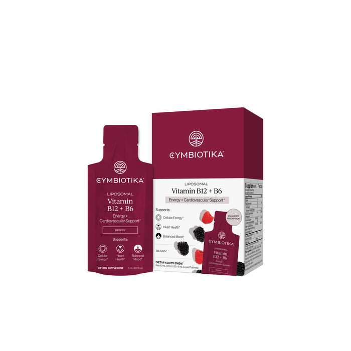 A maroon packet and box of Cymbiotika Liposomal Vitamin B12 + B6, featuring images of berries and text highlighting benefits for energy, heart health, and nervous system support. This dietary supplement offers bioavailable folate along with Liposomal Vitamin B12 and vitamin B6 for optimal absorption and effectiveness.