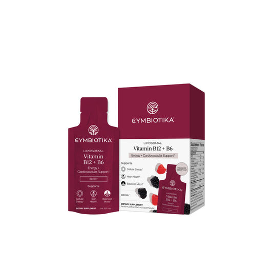 A maroon packet and box of Cymbiotika Liposomal Vitamin B12 + B6, featuring images of berries and text highlighting benefits for energy, heart health, and nervous system support. This dietary supplement offers bioavailable folate along with Liposomal Vitamin B12 and vitamin B6 for optimal absorption and effectiveness.