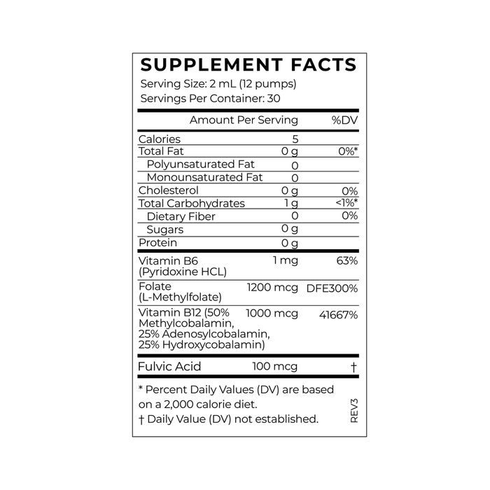 The supplement facts of Cymbiotika’s Liposomal Vitamin B12 + B6 show a 2 mL serving size and 30 servings per container, featuring vitamins B12, B6, folate, and fulvic acid for methylation support. Each serving has 5 calories, 1g carbohydrates, and contains no fat, cholesterol, sugars, or protein.
