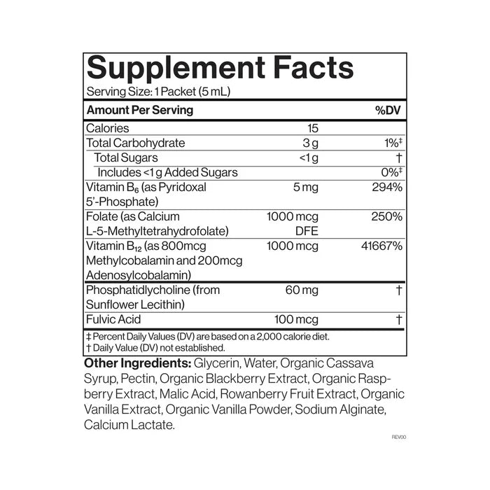 Supplement Facts label for Cymbiotika Liposomal Vitamin B12 + B6 dietary supplement, displaying serving size, calories, nutrients—including vitamin B6, bioavailable folate, and Liposomal B12—% daily values, ingredients list, and disclaimers in black text on a white background.