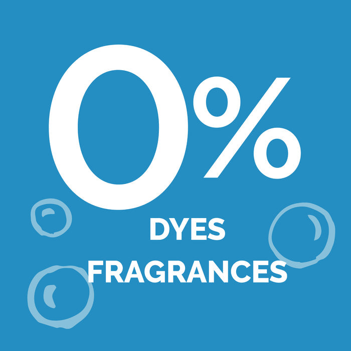 A blue background features large white text reading 0% above smaller text saying DYES FRAGRANCES, with soap bubbles surrounding the words, showcasing Seventh Generation Liquid Fabric Softener’s non-toxic formula.