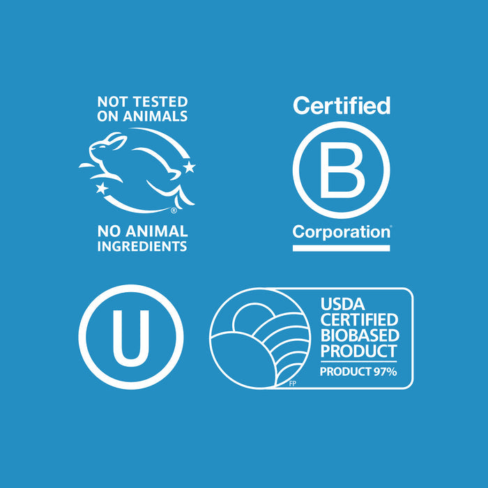Four certification symbols on a blue background for Seventh Generation Liquid Fabric Softener: Not tested on animals/No animal ingredients, Certified B Corporation, Kosher (circled U), and USDA Certified Biobased Product 97%.