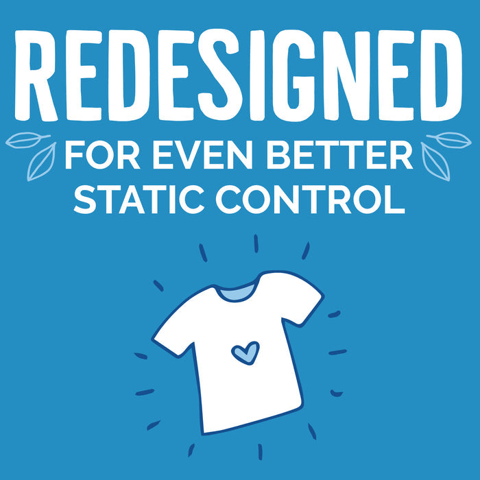 Blue graphic reads: REDESIGNED FOR EVEN BETTER STATIC CONTROL. Below, a simple T-shirt illustration highlights the gentle, non-toxic care of Seventh Generation Liquid Fabric Softener with lines radiating outward.