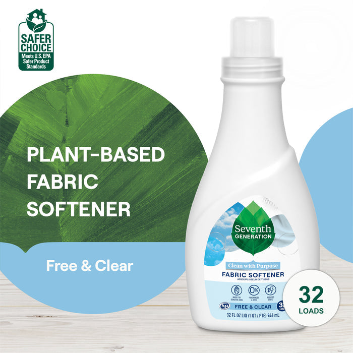 A white bottle of Seventh Generation Liquid Fabric Softener labeled Free & Clear and 32 loads is shown. The plant-based, non-toxic formula has a Safer Choice label and green-blue design accents in the background.