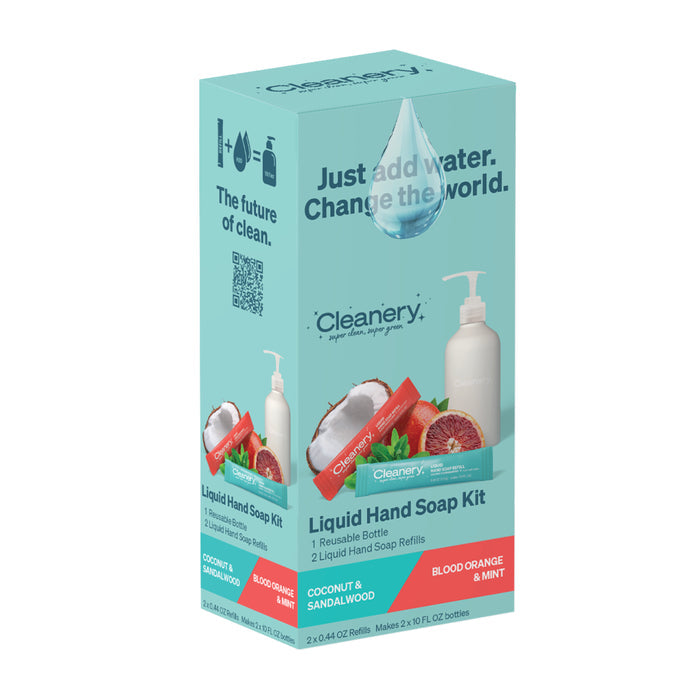 The Cleanery Liquid Hand Soap Starter Kit features a reusable bottle and two sensitive skin refills in Coconut & Sandalwood and Blood Orange & Mint scents. The teal box, adorned with fruit images, reads Just add water. Change the world.