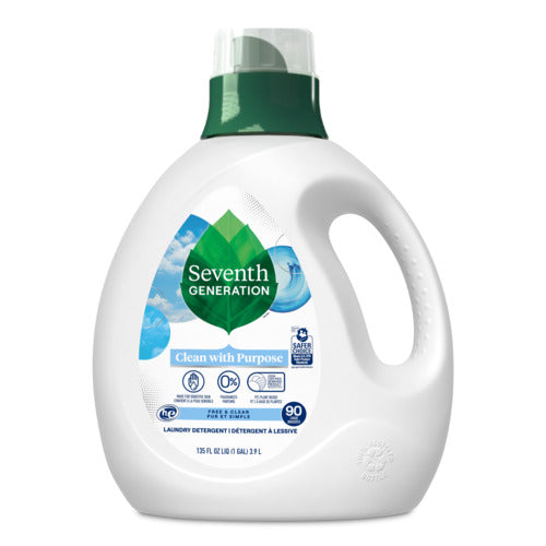 A white bottle of Seventh Generation Liquid Laundry Detergent with a green cap, featuring a leaf logo and text stating it’s fragrance free and made without dyes or artificial brighteners.