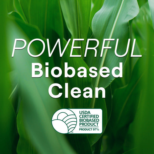 Close-up of green leaves with POWERFUL Biobased Clean in white text. Below, the USDA Certified Biobased Product label shows 97% biobased content, highlighting natural ingredients in Seventh Generation Liquid Laundry Detergent.