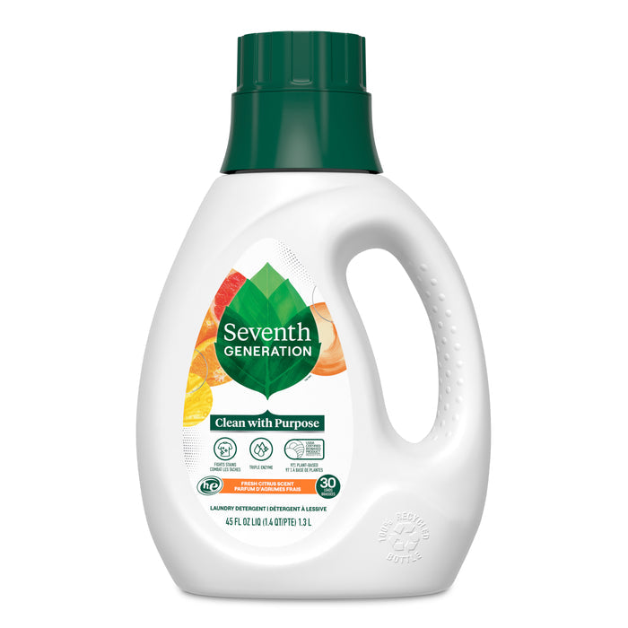 Seventh Generations 45 fl oz Liquid Laundry Detergent features natural cleaning power with a green cap and a label with leaves and oranges. Its eco-friendly certified, 2x concentrated, and truly Cleans with Purpose.