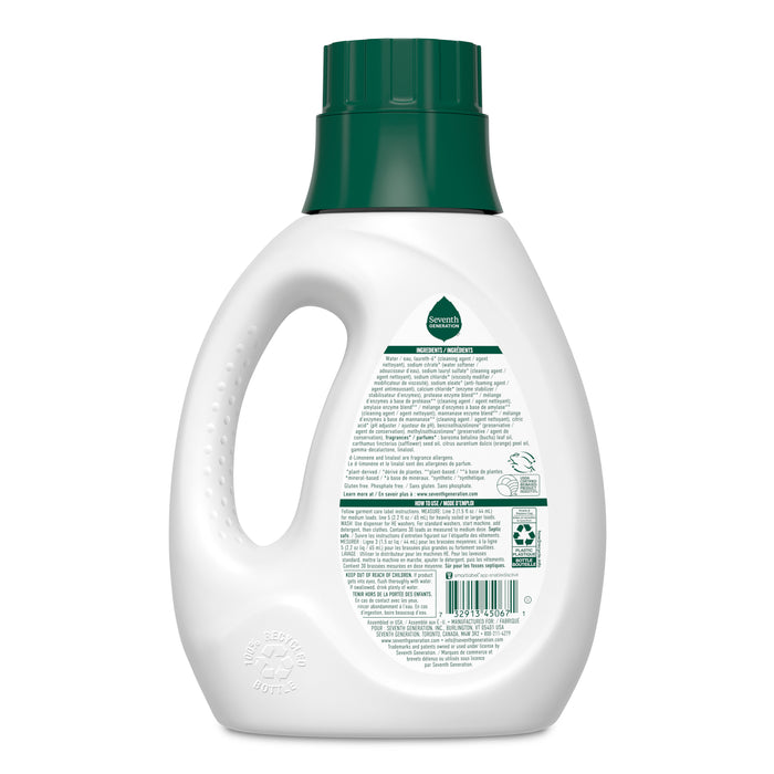 Seventh Generation Liquid Laundry Detergent comes in a white plastic bottle with a green cap and eco-friendly symbols. It features a 2x Concentrate formula for natural cleaning power and has a convenient left-side handle for easy pouring.