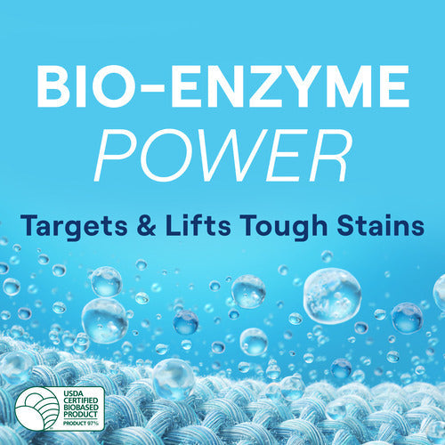 Text on image reads: BIO-ENZYME POWER. Targets & Lifts Tough Stains. Seventh Generation Liquid Laundry Detergent is fragrance free and made with natural ingredients. Background shows bubbles on blue, plus the USDA Certified Biobased Product logo.