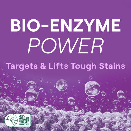 Purple graphic with white text: Bio-Enzyme Power. Targets & Lifts Tough Stains. Bubbles on fabric and USDA Certified Biobased Product seal emphasize the natural ingredients of Seventh Generation Liquid Laundry Detergent.