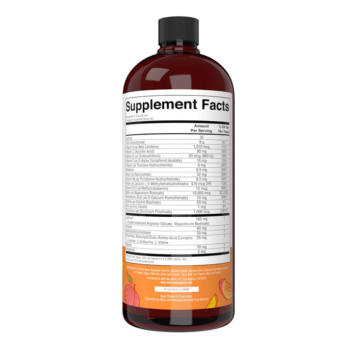 A brown plastic bottle with a black cap displays MaryRuth’s Liquid Morning Multivitamin + Hair Growth (30 fl oz). The orange bottom label with fruit graphics highlights its multivitamin formula for hair growth.