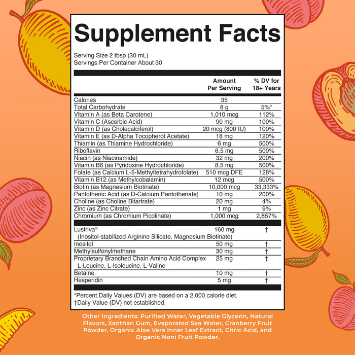 MaryRuth’s Liquid Morning Multivitamin + Hair Growth, 30 fl oz: Supplement Facts label shows vitamins, minerals, Lustriva™ for skin health over a background with orange/yellow fruits. Ingredients appear below in orange and white text.