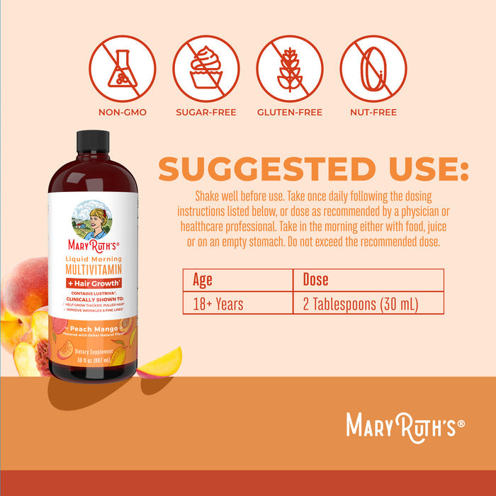 MaryRuth’s Liquid Morning Multivitamin + Hair Growth (30 fl oz) in peach mango flavor is shown. Adults 18+: take 2 tbsp daily. Non-GMO, sugar-free, gluten-free, nut-free—supports wellness and healthy skin and hair.
