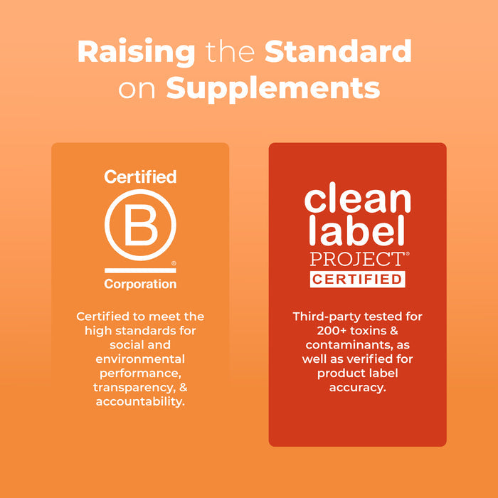 MaryRuth’s Liquid Morning Multivitamin + Hair Growth, 30 fl oz, features “Certified B Corporation” and “Clean Label Project Certified” logos, recognizing high social, environmental standards and third-party testing for purity and label accuracy.