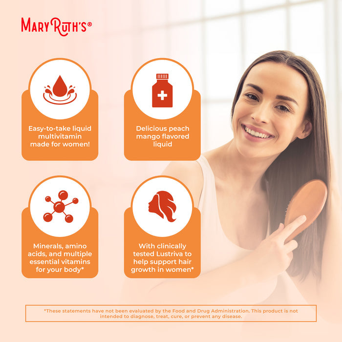 A smiling woman with long brown hair brushes her hair beside four orange icons for MaryRuth's Liquid Morning Multivitamin + Hair Growth: easy-to-take, peach mango flavor, essential nutrients, and support for women’s hair and skin health.