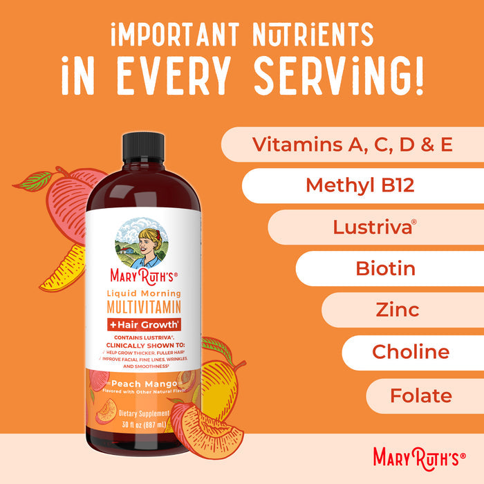 MaryRuth’s Liquid Morning Multivitamin + Hair Growth, 30 fl oz, is shown with fruit illustrations and highlights key nutrients for hair growth and skin health: Vitamins A, C, D & E, Methyl B12, Lustriva®, Biotin, Zinc, Choline & Folate.