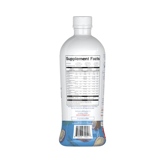 A white plastic bottle of MaryRuths Liquid Nighttime Multimineral is shown from the back, featuring a blue bottom design, a white ribbed cap, and a label with supplement facts and ingredients in black text on white.