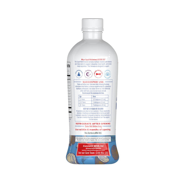 Back of MaryRuths Liquid Nighttime Multimineral bottle displays usage instructions, supplement facts, and a red box with customer care info. Blue, red, and gray text highlight its essential minerals for a healthy nighttime routine.